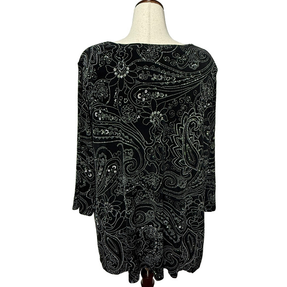 Java Top Womens 3X 26/28 Black Embellished Sparkle Floral Slinky Stretch Party - Picture 2 of 10